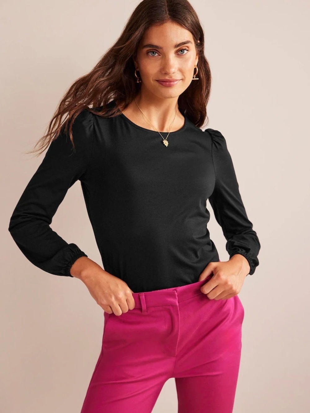 Boden Supersoft Long Sleeve Top Puff Sleeve Black Size 2